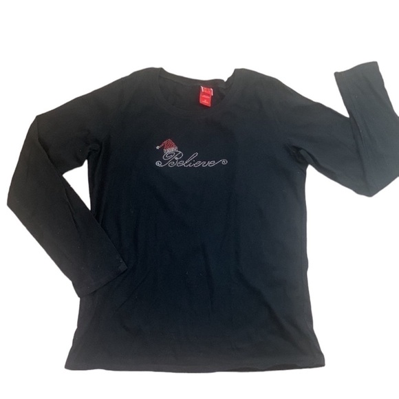 Believe Christmas Bling Crystal Santa Hat Long Sleeve‎ Holiday Tee Shirt Size M - Picture 2 of 6